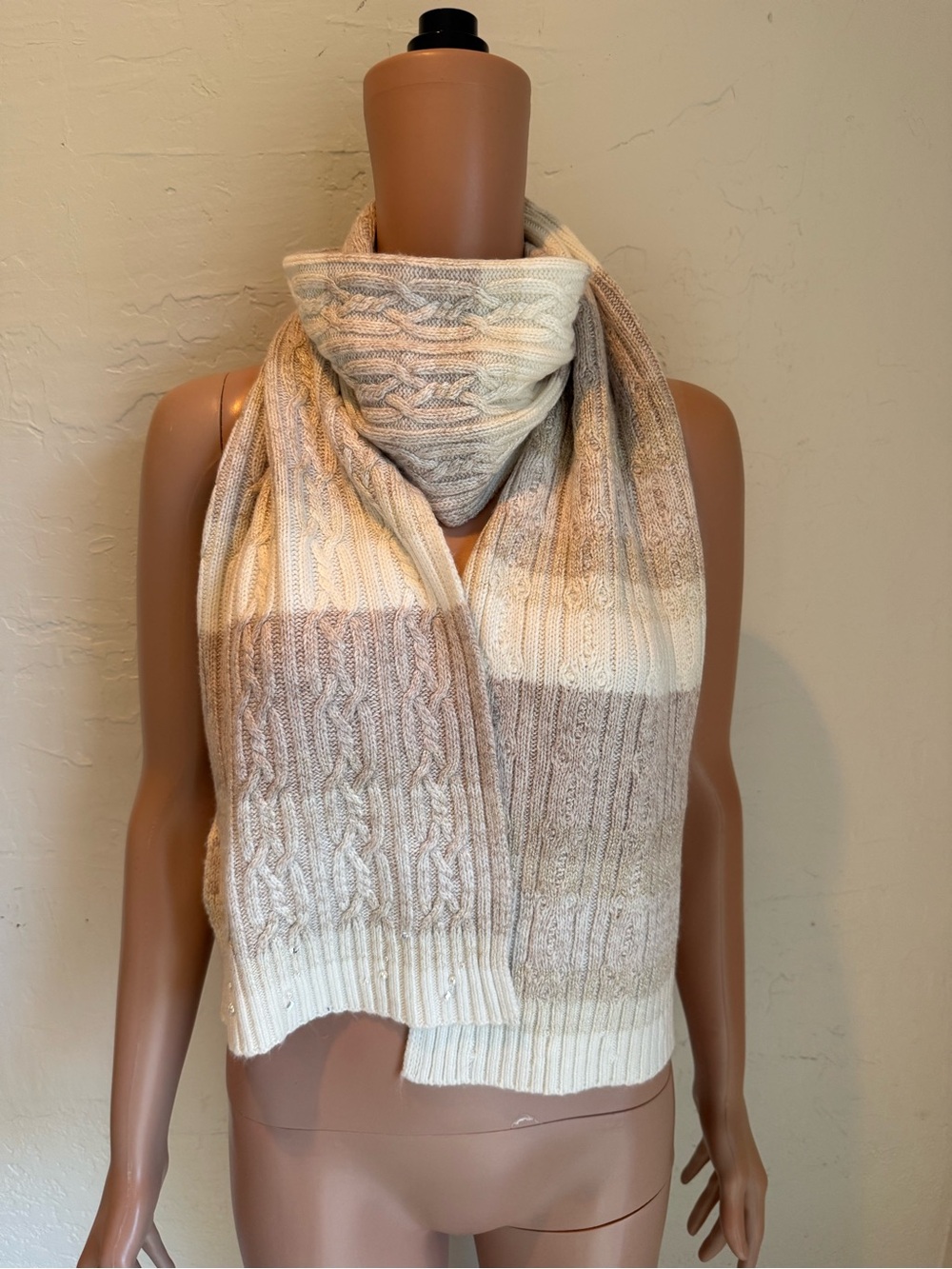 Chico’s Cozy Cable-Knit Link Winter Neck Scarf Sweater Cream/Taupe Tan OSFM